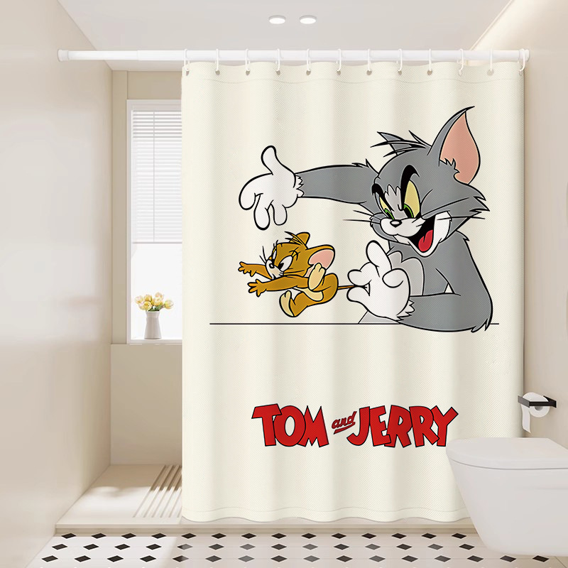 Tom and Jerry Shower Curtain, Cute Cartoon Partition Curtain, Thickened, No-Drill, Waterproof, Shower Curtain with Thickened Dry and Wet Separation Hanging Curtain