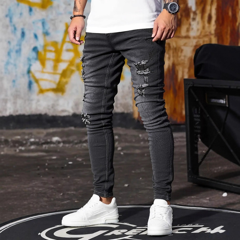 Cross-Border New Men's Skinny Jeans European and American Street Fashion Ins Ripped Stretch Patch Denim Stacked Pants