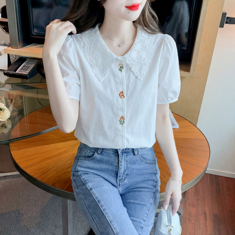 Summer New Style Pure Cotton Shirt Embroidered Short-Sleeved White Shirt Feminine Casual Lace Splicing Puff Sleeve Top