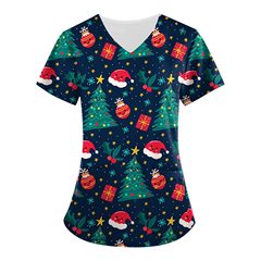 欧米の新型看護師はクリスマスのプリントのシャツのvネックの半袖を詰めて底のtシャツの婦人服の大量の現物の作業服を打ちます。