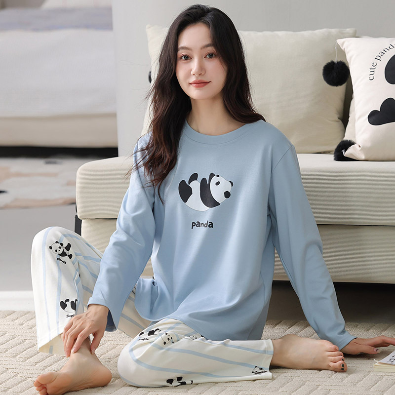 秋冬季女士睡衣棉质长袖长裤圆领套头卡通甜美可爱外穿家居服套装|undefined