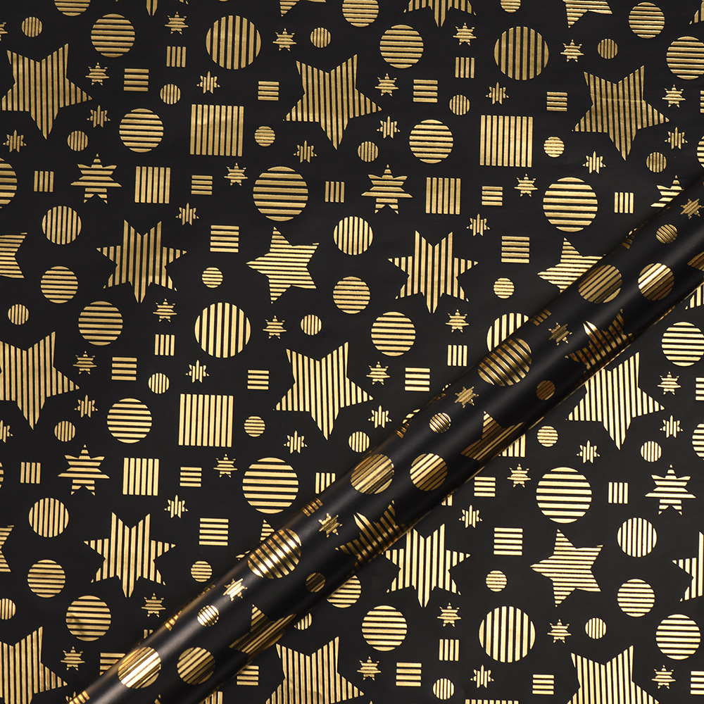 Nuevo papel de embalaje de caja de regalo grueso fondo negro estampado dorado estrella puntos rayas de papel de embalaje de regalo roll