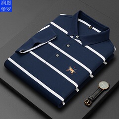 潤恩堡羅夏男服衝突色半袖tシャツ上着男中年縞万針刺繍丸襟tシャツ綿質