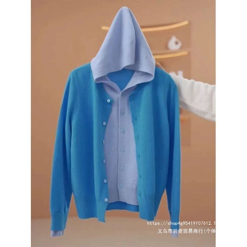 New Chinese-style 2026 model faux two-piece top with hood, knitted sweater, autumn long-sleeve color-blocked jacket, cardigan