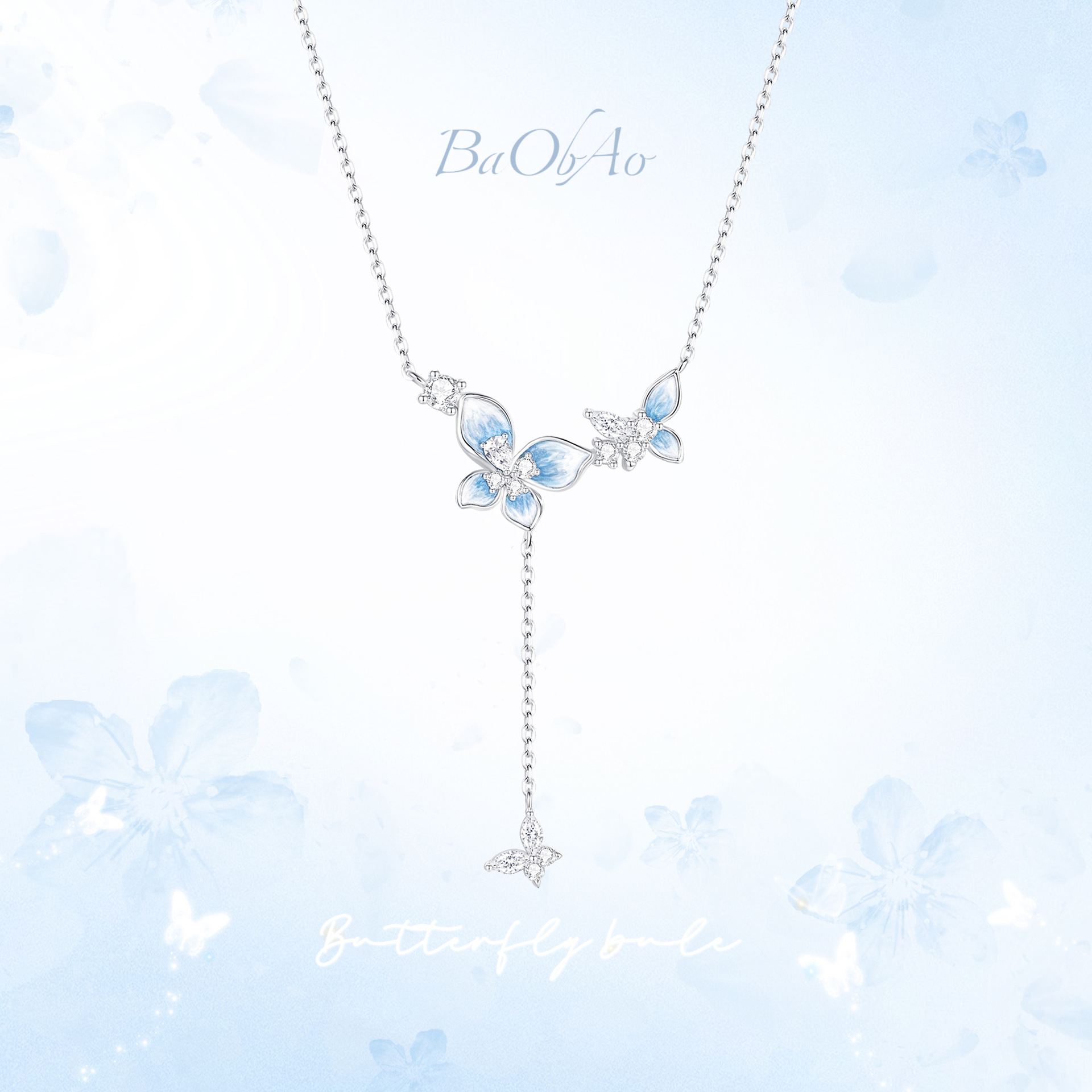 BaObAo原創設計純銀溫柔藍色蝴蝶項鍊女小眾高級感氣質鎖骨鏈新款