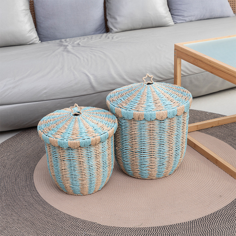 Cesta de almacenamiento tejida con cuerda de papel Cesta de almacenamiento a rayas de circo Decoración de la habitación de los niños Hogar Ropa sucia Cesta de almacenamiento