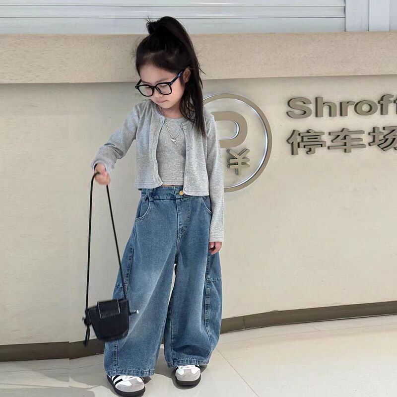 女童纯色工字短款背心纯色圆领开衫2025春季新款童装韩版牛仔裤子|undefined