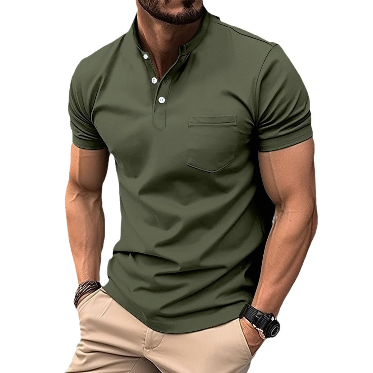 T-shirt versatile da uomo casual in tinta unita con tasca con scollo a V e bottone in tinta unita, nuova T-shirt a maniche corte_voghion.com