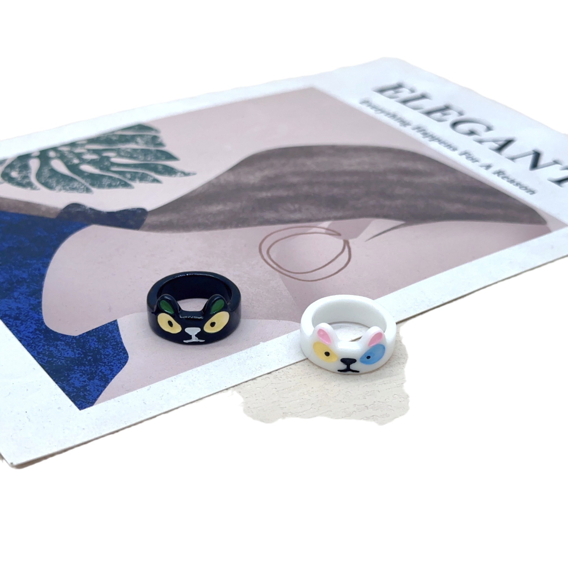 Divertido resina negro gato blanco gato monstruo anillo grandes ojos dulce fresco dibujos animados lindo novias pareja anillo joyería