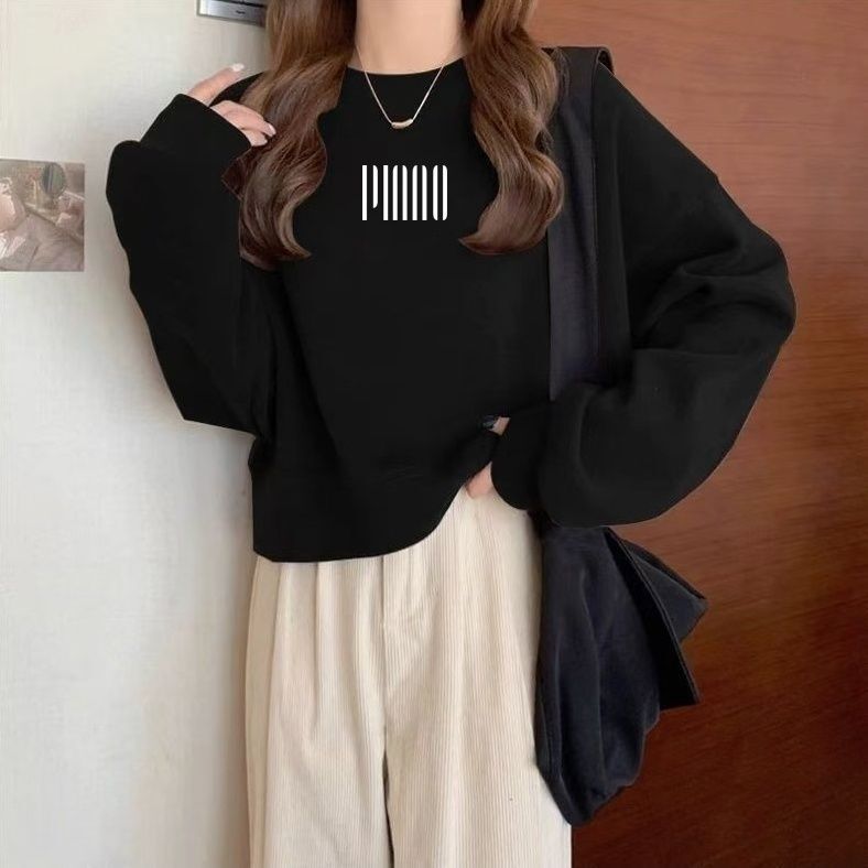 宽松卫衣圆领套头短款卫衣女春秋长袖上衣高腰显瘦小个子无帽薄款|undefined
