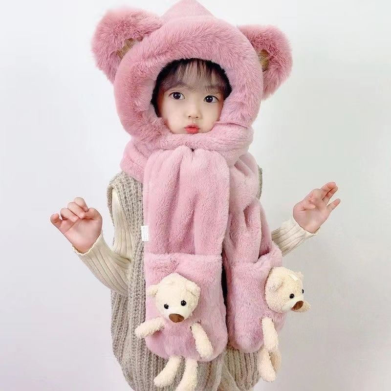 帽子の女性の秋冬の熊の耳のマフラーの手袋の一体の3つのセットのマフラーのぬいぐるみのかわいい自転車の保温帽子|undefined