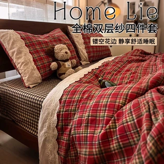 双层纱纯棉四件套床上用品100全棉红色公主被套床单三件套床笠罩4