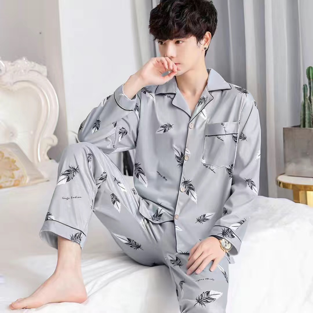 Pijamas de manga larga de los hombres de primavera y otoño de algodón cardigan casual Plaid elegante de los hombres desgaste del hogar de Otoño de algodón más traje de tamaño