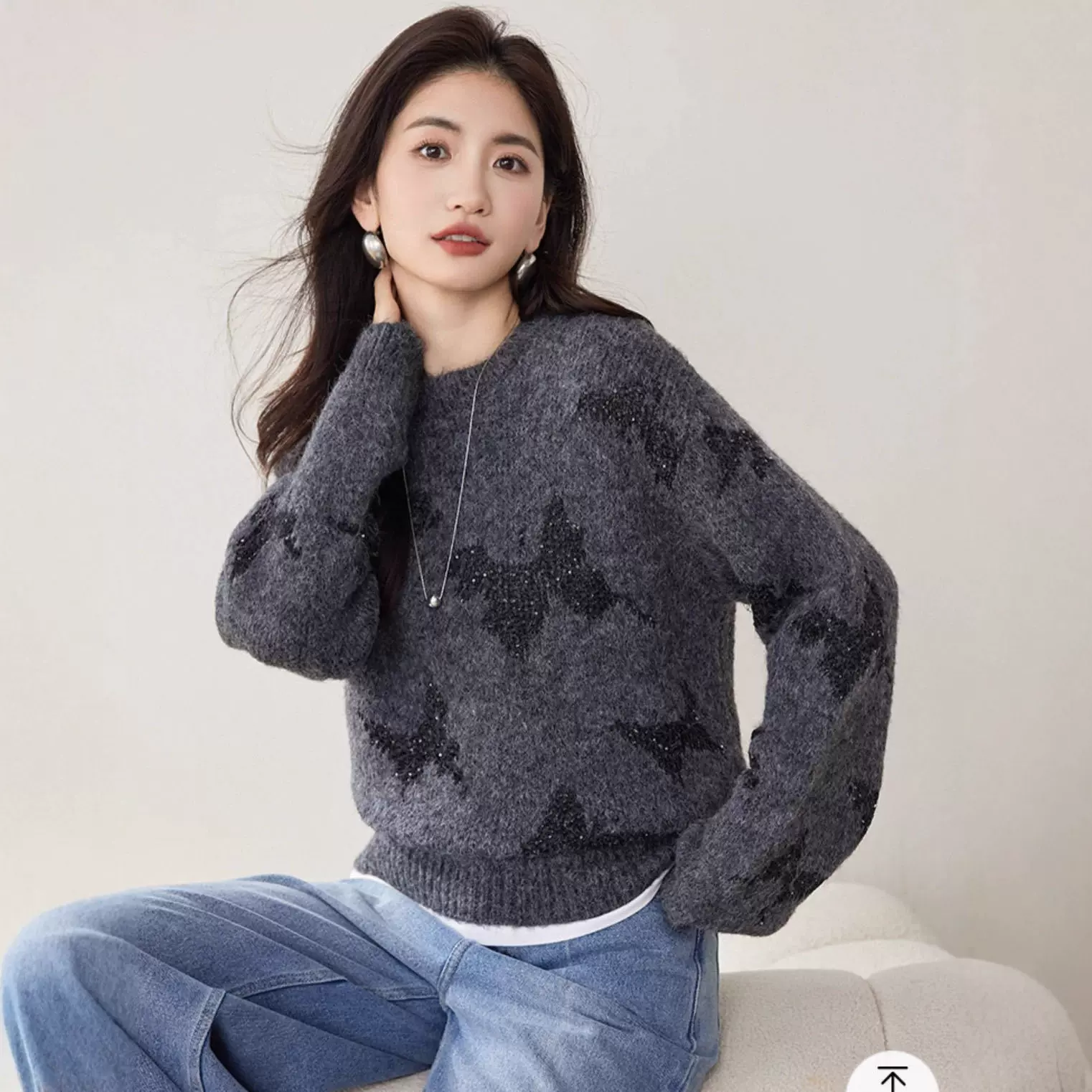 实拍长袖针织秋冬新款 设计感亮片蝴蝶花拼色 宽松百搭毛衣女套头