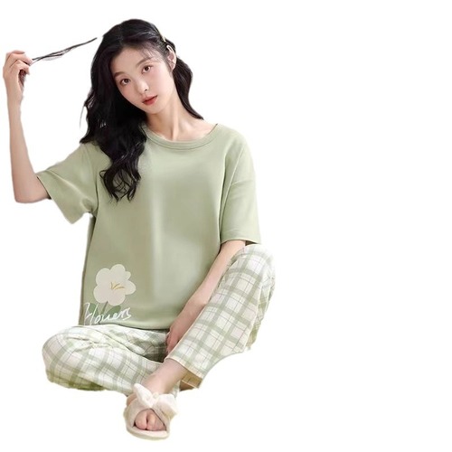 Three-piece pajamas with chest pads for women, casual short-sleeved long pants and shorts, sweet loose-fitting plus-size simple loungewear