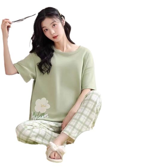 Three-piece Pajamas with Chest Pad Women's Casual Short-sleeved Trousers Shorts Sweet Loose Plus Fat Simple Home Clothes