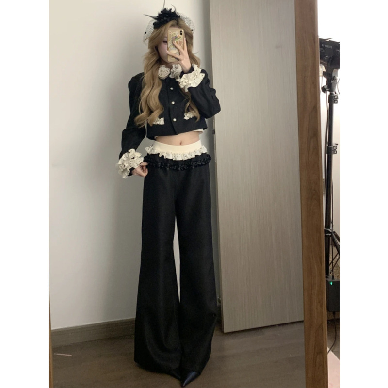 秋季韩系纯欲通勤套装裙花边西装开衫上衣+重工拼接阔腿长裤两件|undefined
