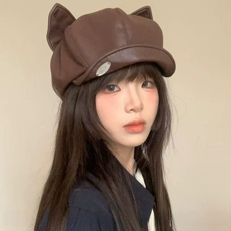 韩系ins卡通可爱猫耳朵pu皮八角帽子女春秋季百搭显脸小画家帽潮|undefined
