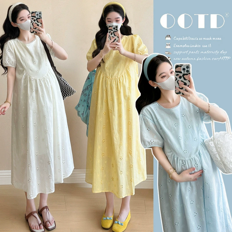 Летнее платье для беременных, модное платье для мамы, нежный стиль, с полой вышивкой и пышными рукавами, свободное платье, закрывающее живот, уменьшающее возраст