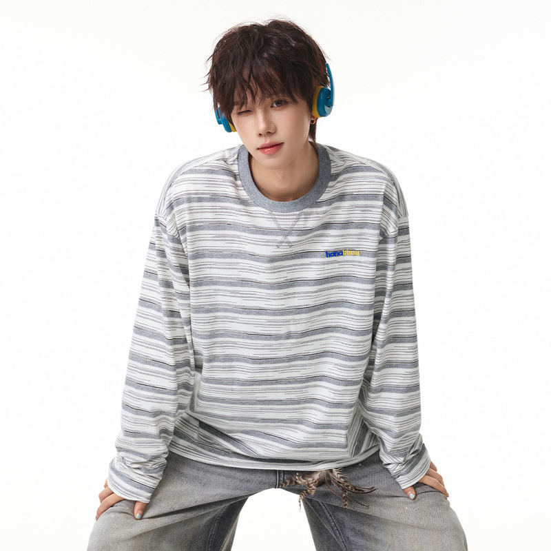 Hanlu | Japanese-style casual knitted color-block striped long-sleeve T-shirt for men, autumn letter embroidery loose casual base shirt