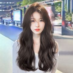 Human hair wavy long curly parting bangs lazy waves summer fashion full headpiece for women