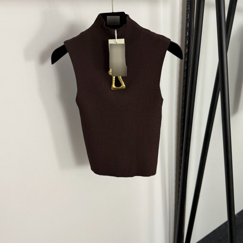 2025 Nanyou Hot-Selling New Trendy Gold Metal Keyhole Decoration Half-High Collar Slim-Fit Knitted Vest Top