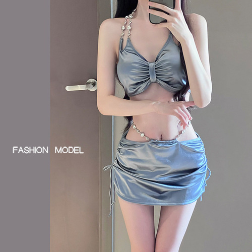2024 New Swimsuit Women's Silver High-End Sexy Split Three-piece Set Hot Spring Vacation Fashion Bikini Hot Girl Outfit