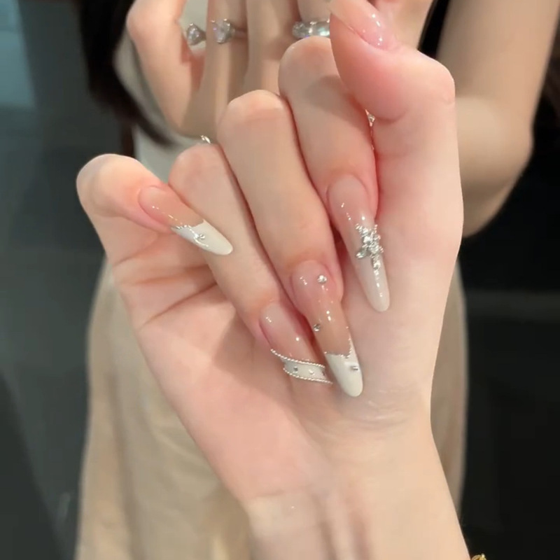 French White Ribbon Star Zircon Pure Handmade Wearable Nails Elegant Pure Desire Whitening Manicure Patch Fake Nails