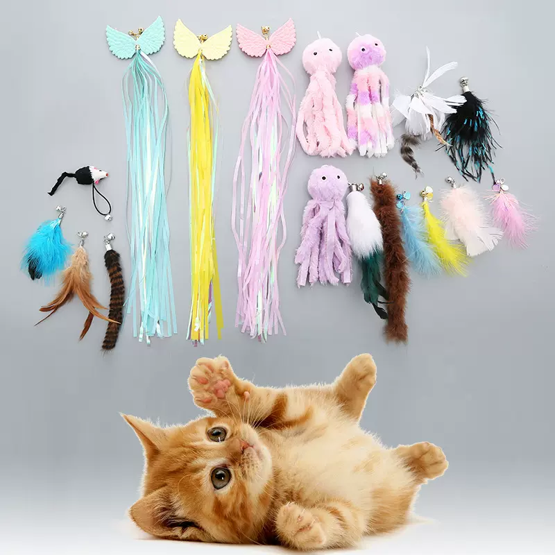 宠物用品工厂批发猫咪逗猫棒穗条羽毛彩色毛绒替换头猫咪玩具