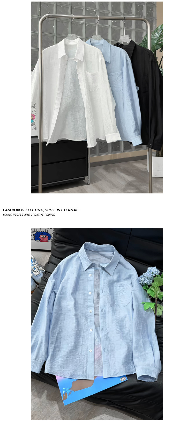 Retro Textured Long-sleeve Shirt For Men, Solid Colour Style_voghion.com