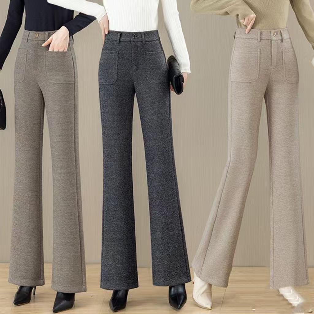 Women's Thickened Woolen Flared Pants, Warm Autumn and Winter New Straight High-Waisted Korean Style Slim-Fit Casual Suit Pants