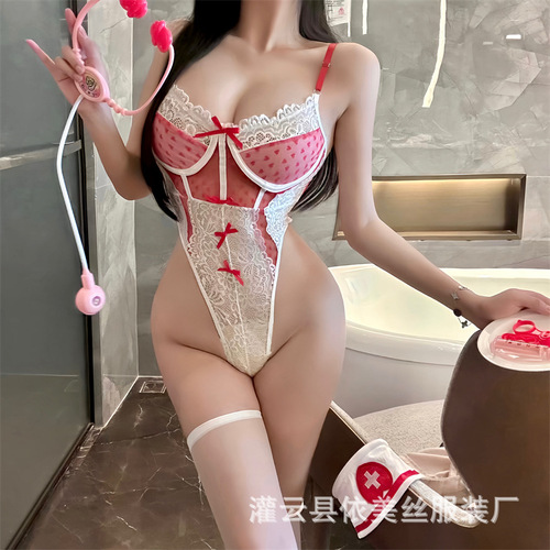 MANYU Erotic Lingerie Pure Desire Nurse Uniform Lace Butterfly Bow Heart Shape Sheer Bodysuit Sexy Set 9276