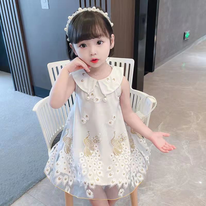 女の子ドレスサマードレス 2025 新しい子供の孔雀インターネットセレブスタイルプリンセスドレス少女ベビーガールドレス|undefined