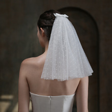 V839新款白色植绒波点新娘头纱森系超仙双层小蝴蝶结婚礼拍照头饰