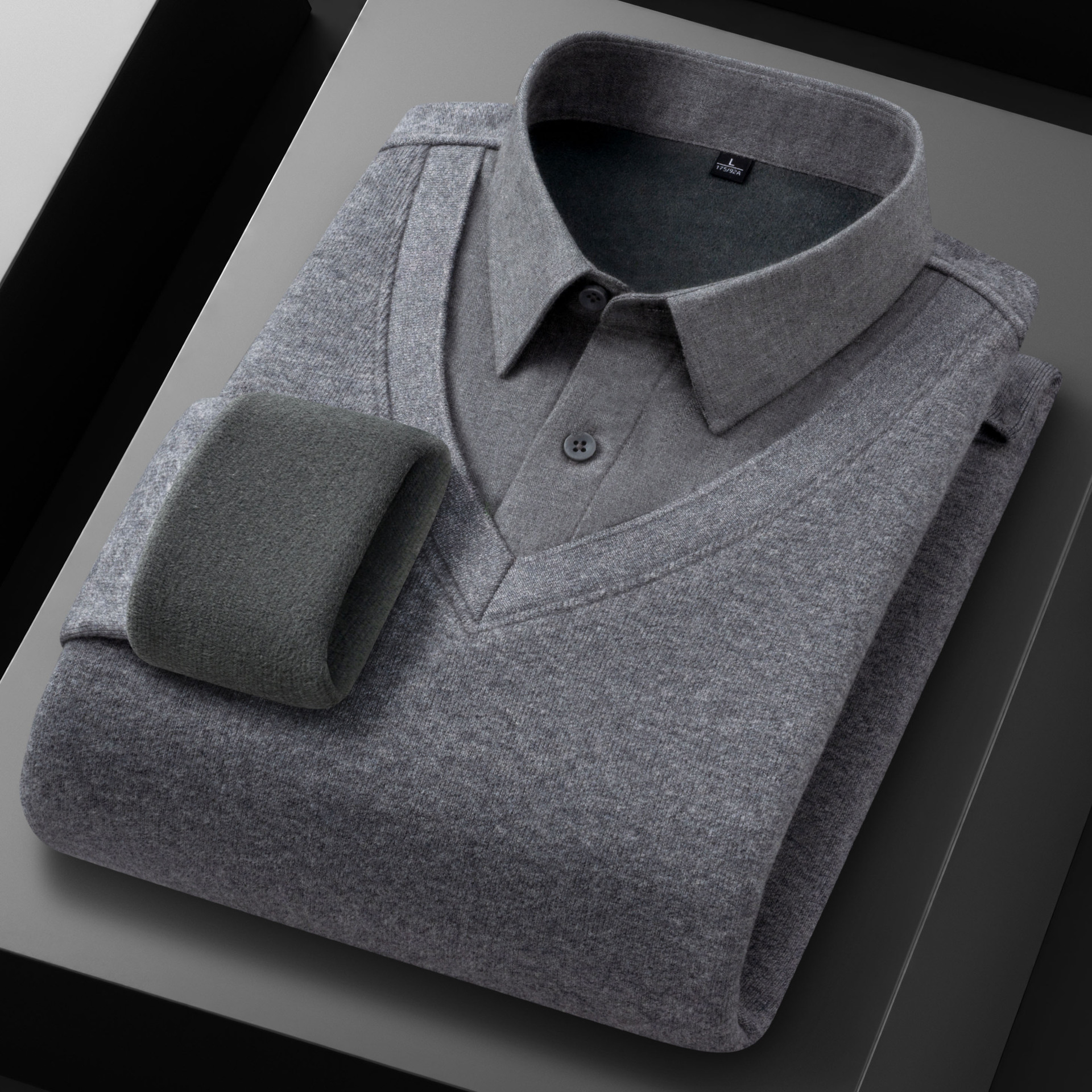 【Wool + Silk】Autumn and winter thickened fleece-lined faux two-piece men's warm knitted shirt V-neck pullover sweater