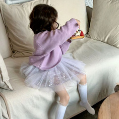 2024春夏韓版童裝 女童可愛甜美紫色毛線開衫+T恤+亮片蓬蓬紗裙