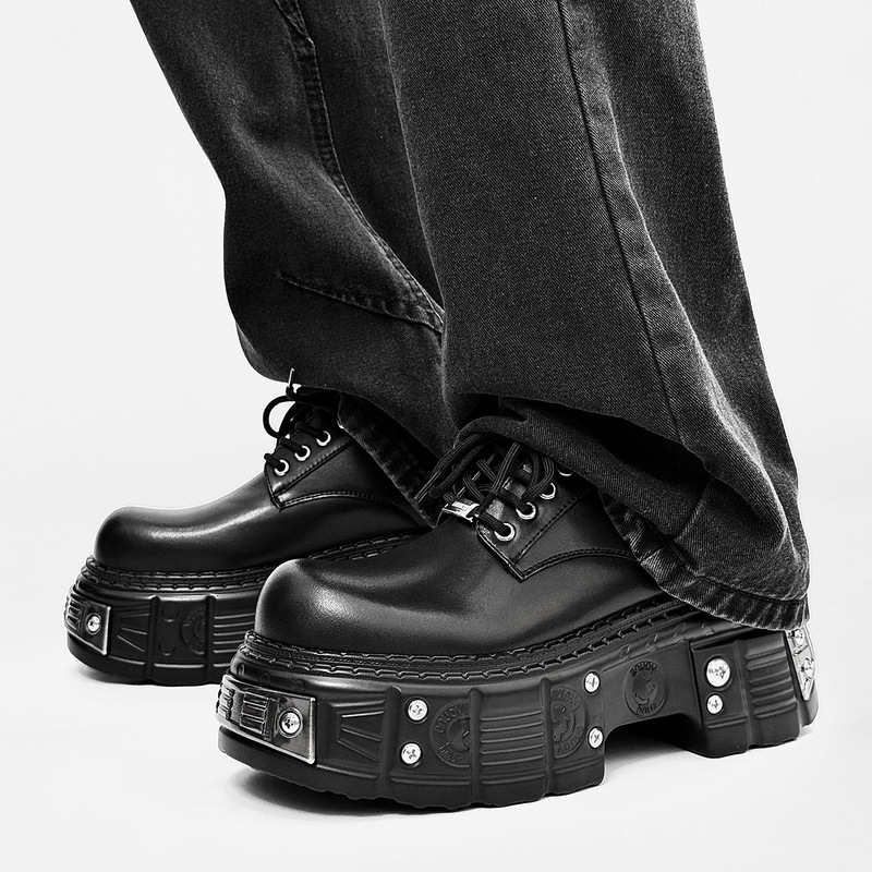 High-End Punk Derby Shoes for Men, Thick-Soled Round-Toe Casual Leather Shoes, British Style Height-Increasing Big-Toe Motorcycle Work Shoes for Men