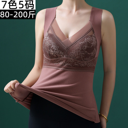 New lace velvet thermal vest for women with chest pad all-in-one plus velvet thickened seamless bottoming thermal underwear for women