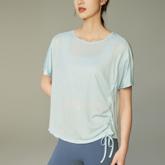 2025 春夏の新フィットネスヨガ Tシャツルーズシンプルなパーソナライズされた巾着トップ女性の不規則な半袖トップ