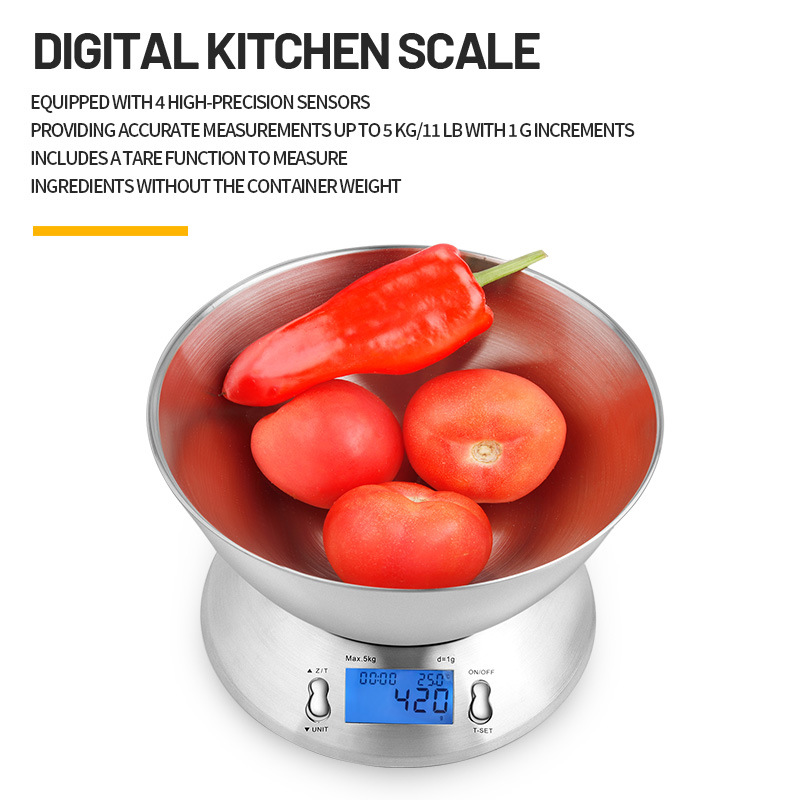 Precisión doméstica electrónica de acero inoxidable alimentos comerciales 5kg ingredientes platos de acero inoxidable para hornear báscula electrónica de cocina