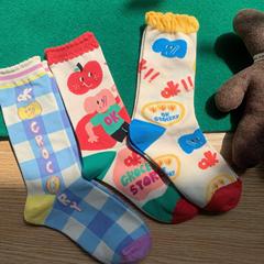 襪子女韓版可愛小象原創插畫泡泡邊棉襪日系卡通印花個性中長筒襪