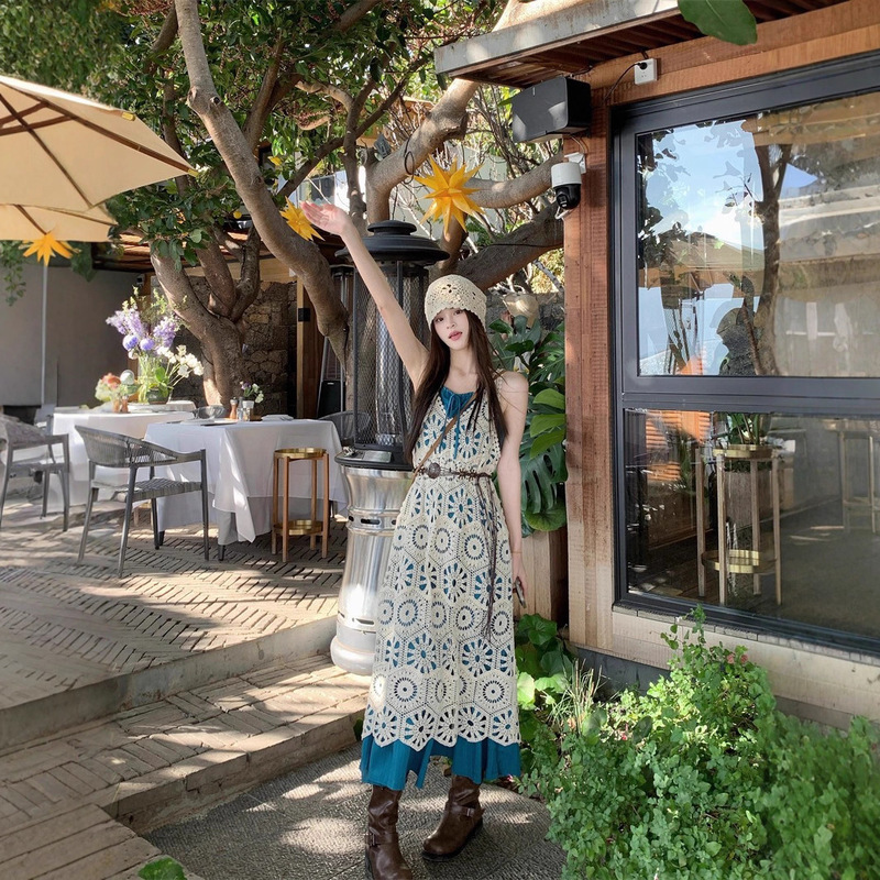 Summer Bohemian Hollow Loose Long Layered Vest Dress Slimming Sleeveless Beach Dress Layered Dress