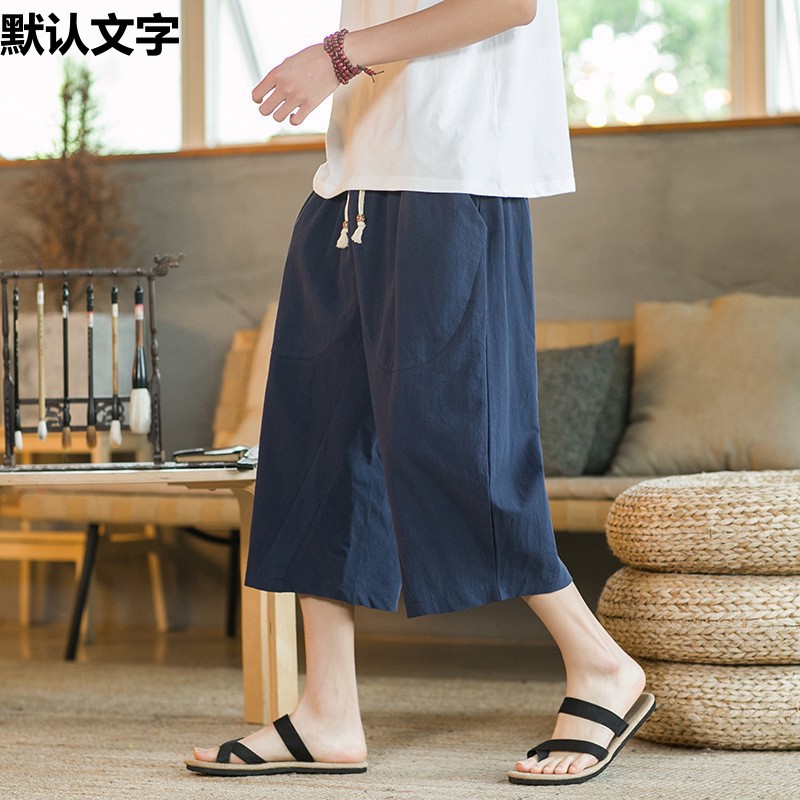 Linen Capri Pants Men's Chinese-style Loose Thin Wide-leg Capri Pants Youth Summer plus size Cotton and Linen Casual Shorts