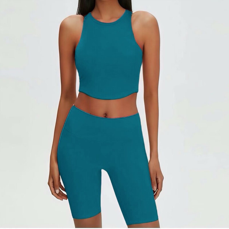 Cross-Border Push-Up Yoga Vest Set for Women, Running and Fitness Quick-Drying Sports Short-Sleeved Shorts Two-Piece Set