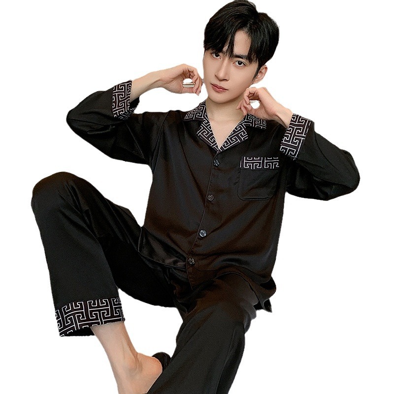 남성용 고급 얼음 실크 잠옷, 봄, 가을, 긴팔, 얇고 우아한 모조 실크 가정복, 고급 가디건 세트