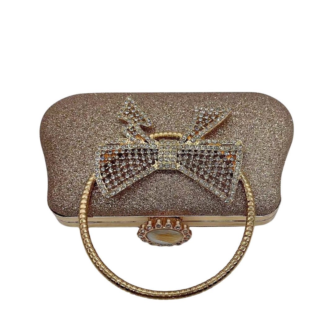 Túi clutch nữ dự tiệc da đơn giản tay cầm nơ — Màu đen, Màu bạc, Màu vàng nhạt, Màu Sâm panh
