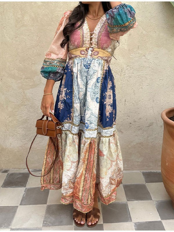 Amazon cross-border foreign trade new retro printed ethnic style long puff sleeve women's holiday commuting dress