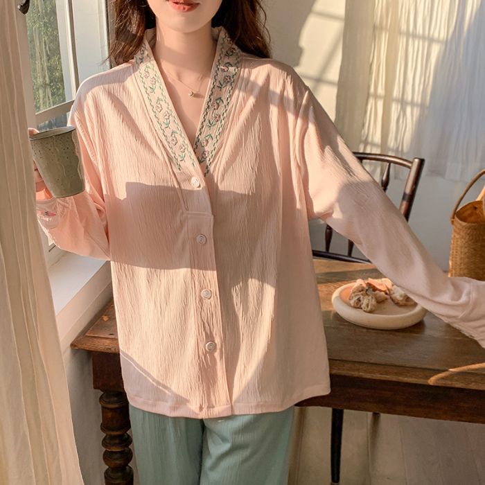 Al por mayor transfronterizo primavera y otoño nuevo cardián espuma monje cuello ropa de casa pijamas mujeres con cojín de pecho image 6