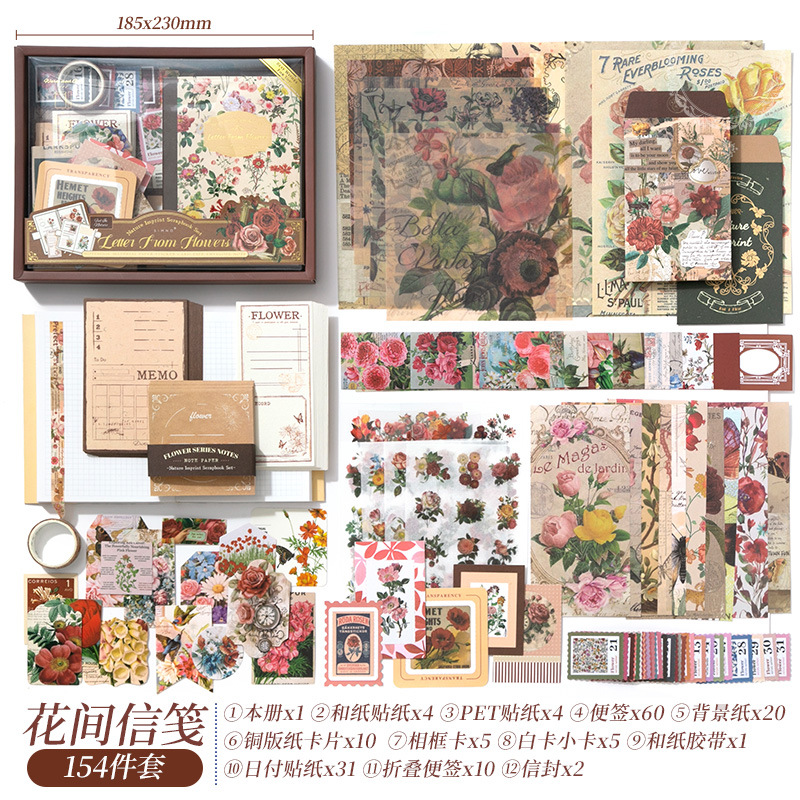 Serie de impresión natural retro cálida caja de regalo de cuentas de mano en flores románticas Inglés material de pegatinas conjunto transfronterizo image 7