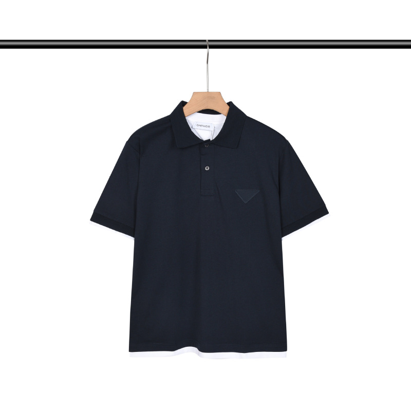 Men's Summer Pure Cotton Polo Shirt Navy Blue with Triangle Logo Short Sleeve Casual Loose Top Men's Summer Pure Cotton Polo Shirt Navy Blue with Triangle Logo Short Sleeve Casual Loose Top